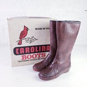 Vintage Carolina Boots Leather Knee High Sherpa Lined Side Zip Low Heel Brown 7